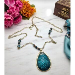 Chico’s Teal Lucite Teardrop Statement Sweater Necklace 37” Gold Tone